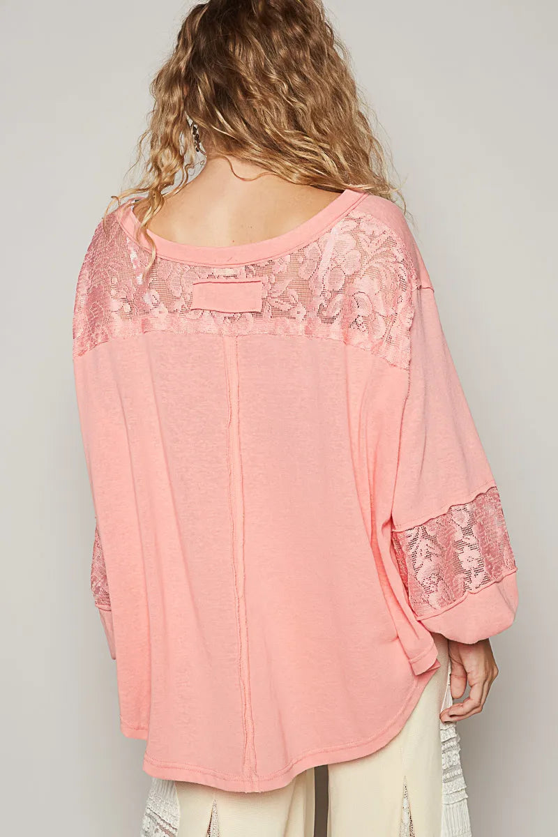 Trendsi POL V-Neck Long Sleeve T-Shirt with Lace Detail