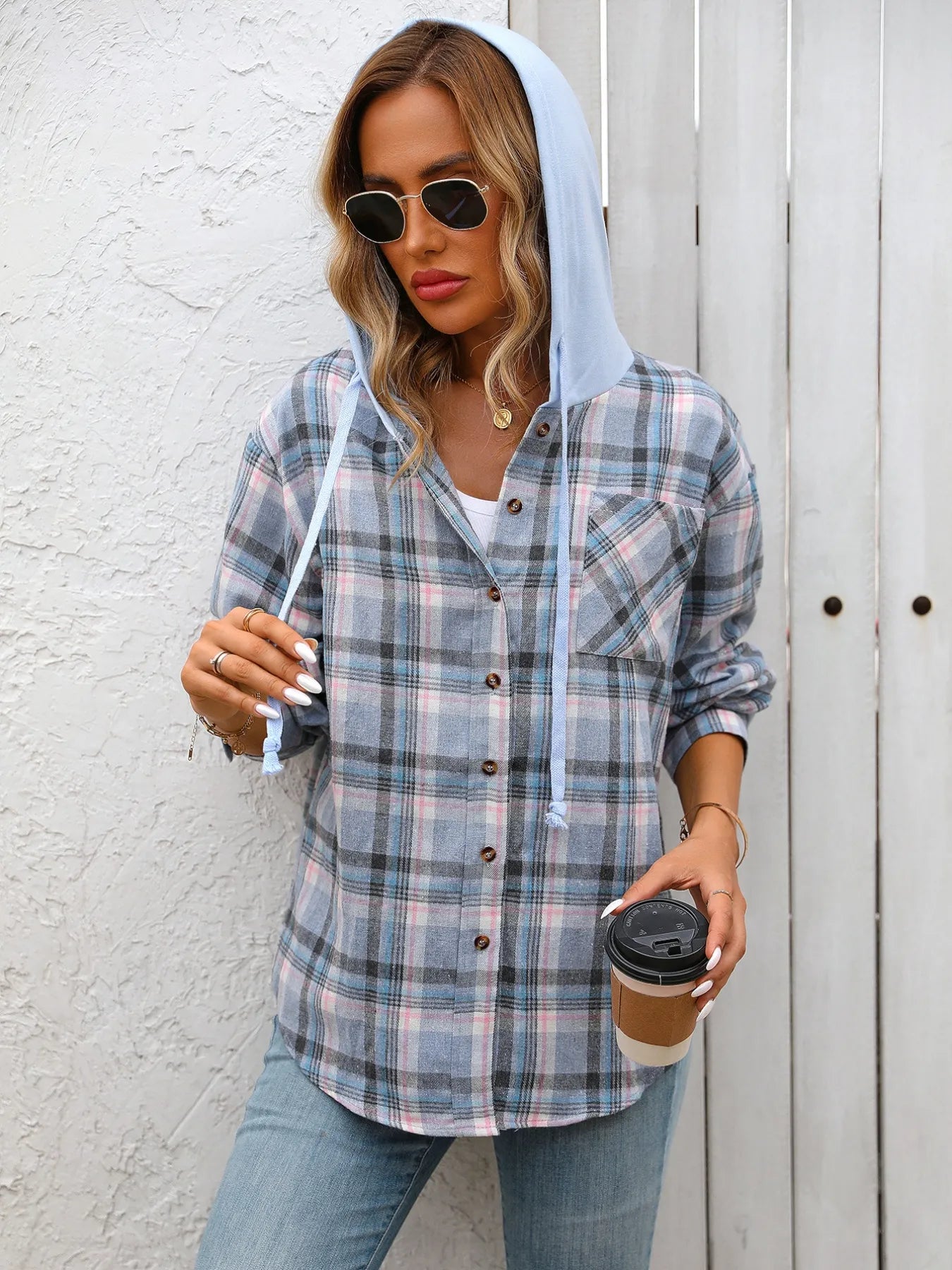 Trendsi Plaid Button-Up Hooded Shirt