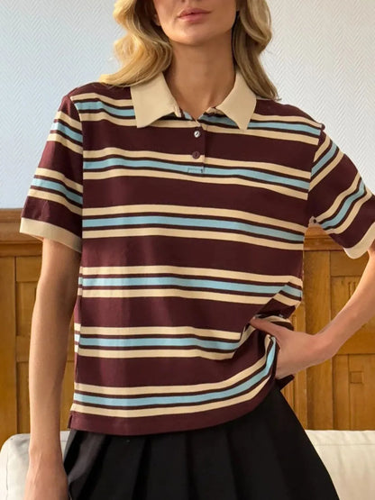 Trendsi Striped Polo T-Shirt with Contrast Collar Dark Brown