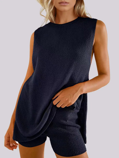 Side Slit Round Neck Tank and Ribbed Shorts Sweater Set Dark Navy Easy Apparels