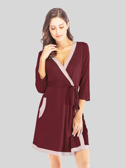 Tie Waist Surplice Neck Robe with Pockets Wine Easy Apparels