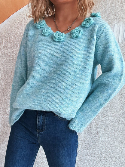 Trendsi Flower V-Neck Long Sleeve Sweater