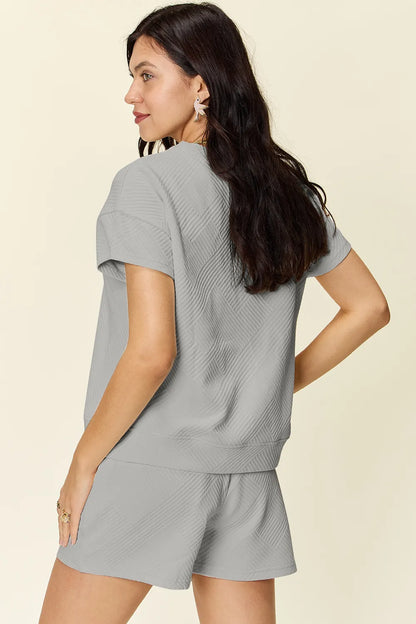 Double Take Full Size Texture Short Sleeve T-Shirt and Drawstring Shorts Set Easy Apparels