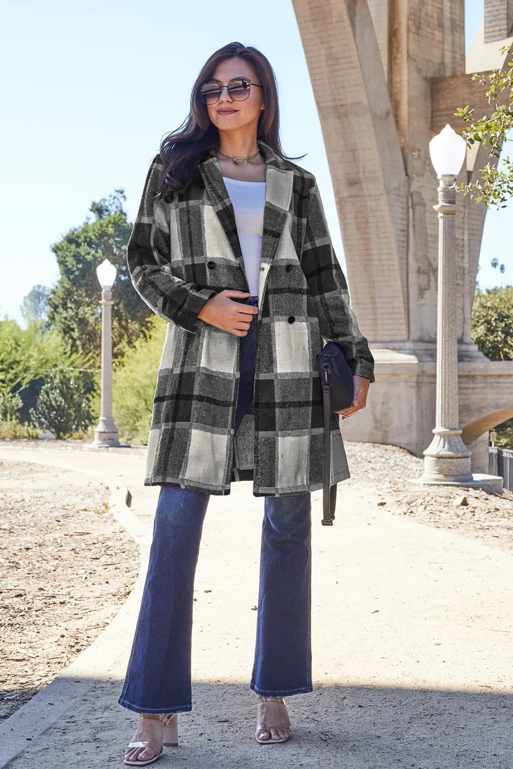 Double Take Full Size Plaid Button Up Lapel Collar Coat Black Easy Apparels