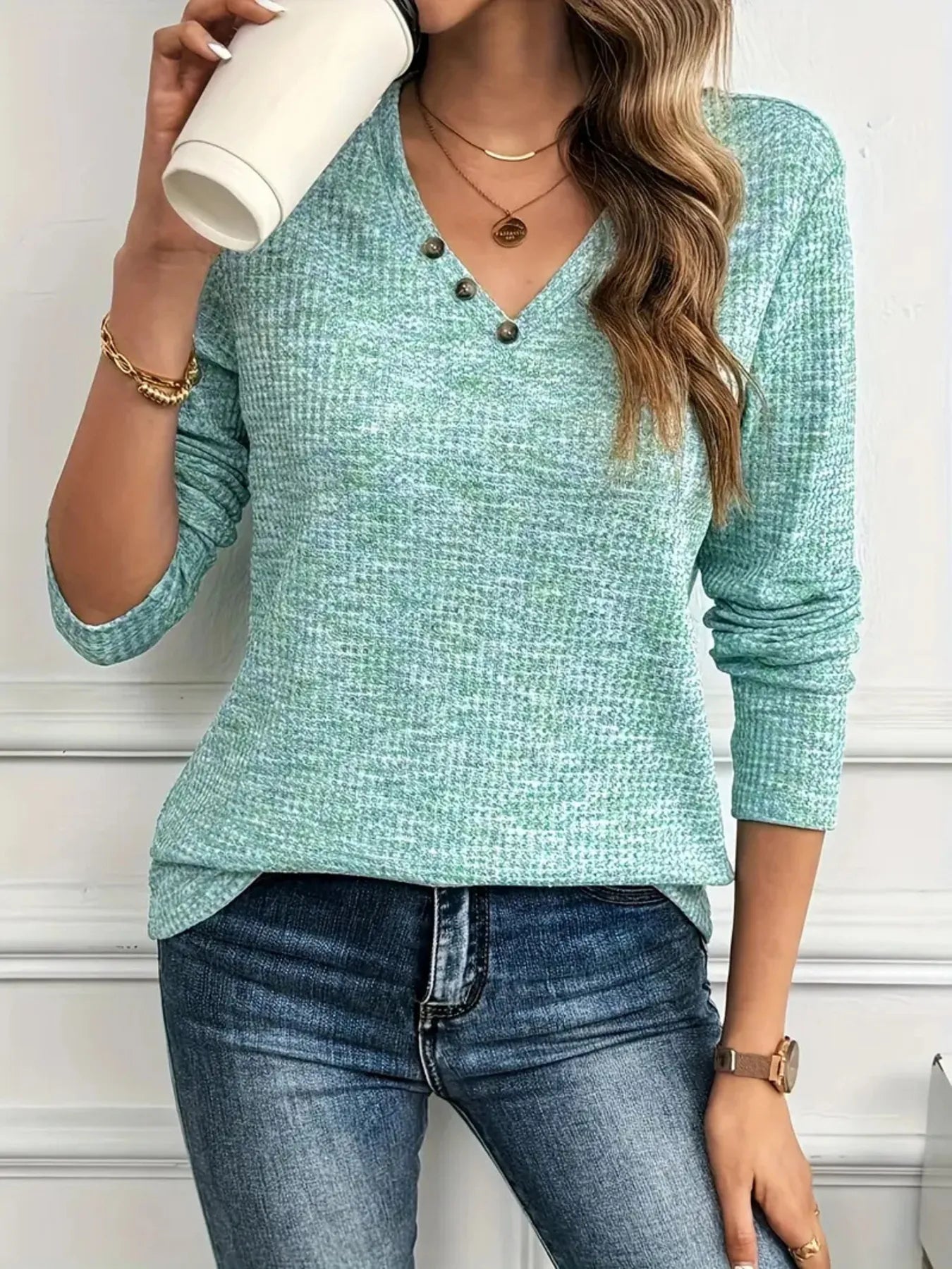 Trendsi Heathered V-Neck Long Sleeve T-Shirt