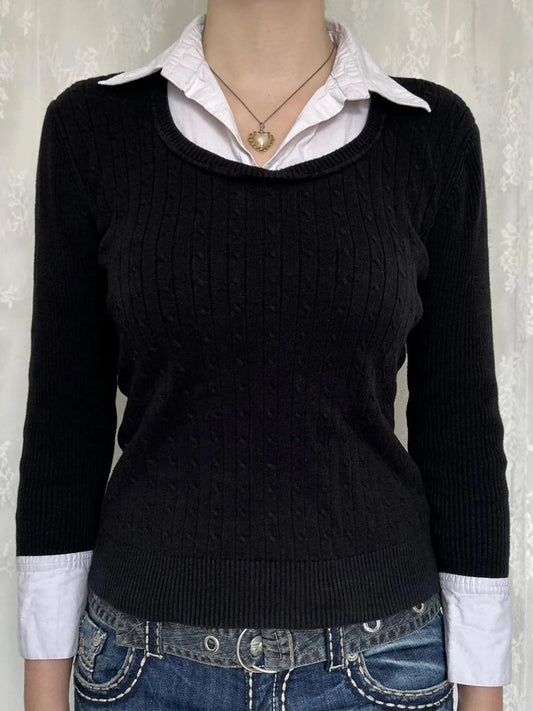 Trendsi Collared Neck Cable Knit Sweater with Layering Style Black
