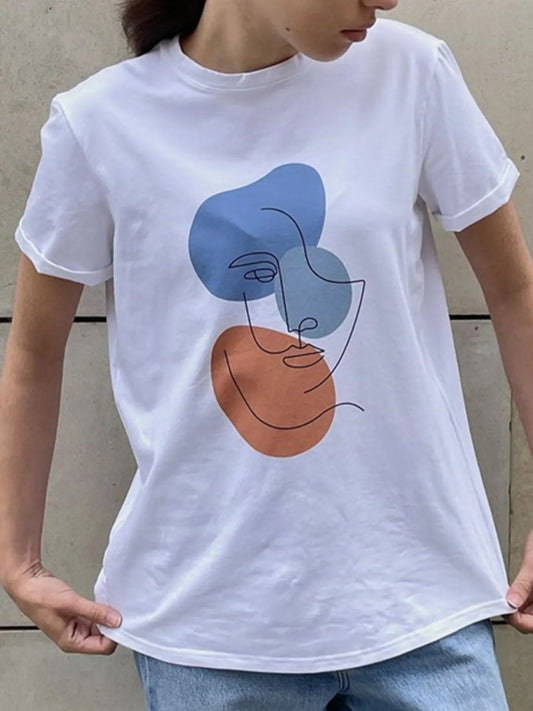 Trendsi Abstract Face Graphic Casual Round Neck T-Shirt Light Blue
