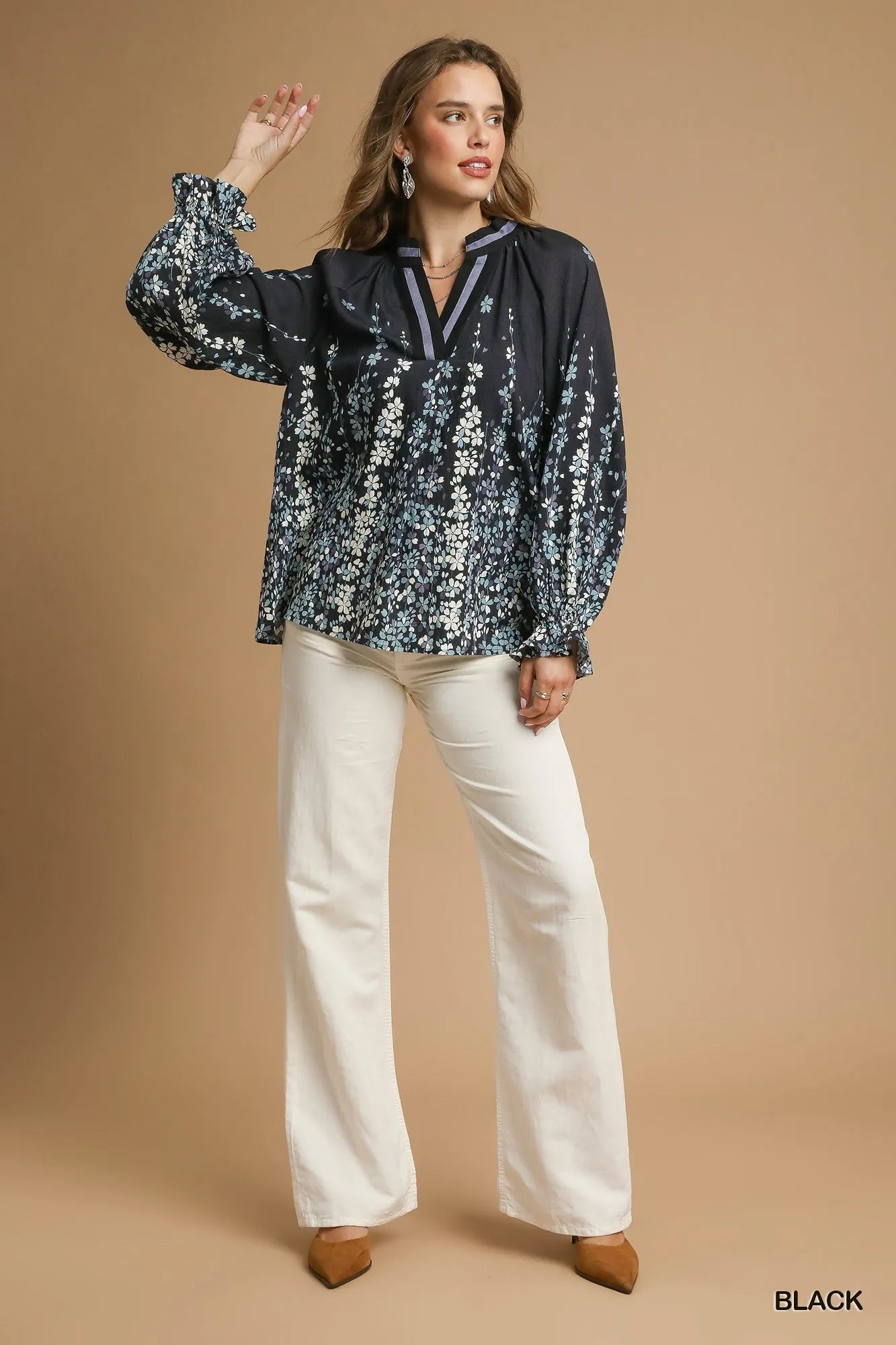 Trendsi Umgee Full Size Floral Vine Print Blouse with Balloon Sleeves Plus Size