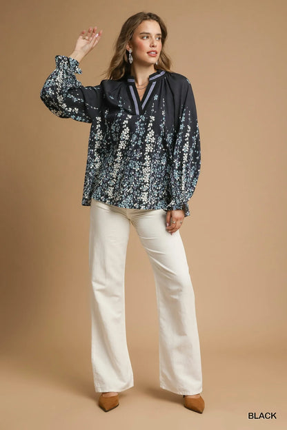 Trendsi Umgee Full Size Floral Vine Print Blouse with Balloon Sleeves Plus Size