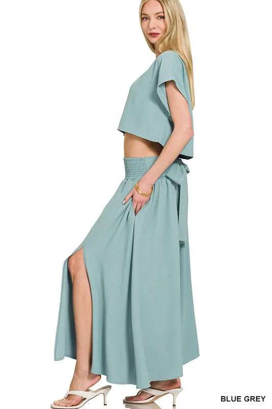 Zenana Heavy Woven Span Crop Tee & Skirt Set Easy Apparels