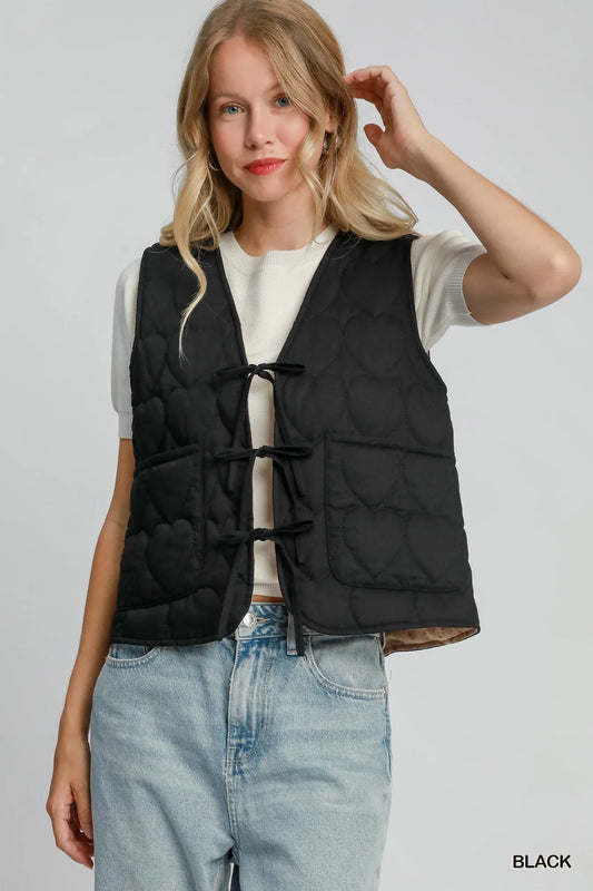 Umgee Heart Quilted Tie-Front Vest Black Easy Apparels
