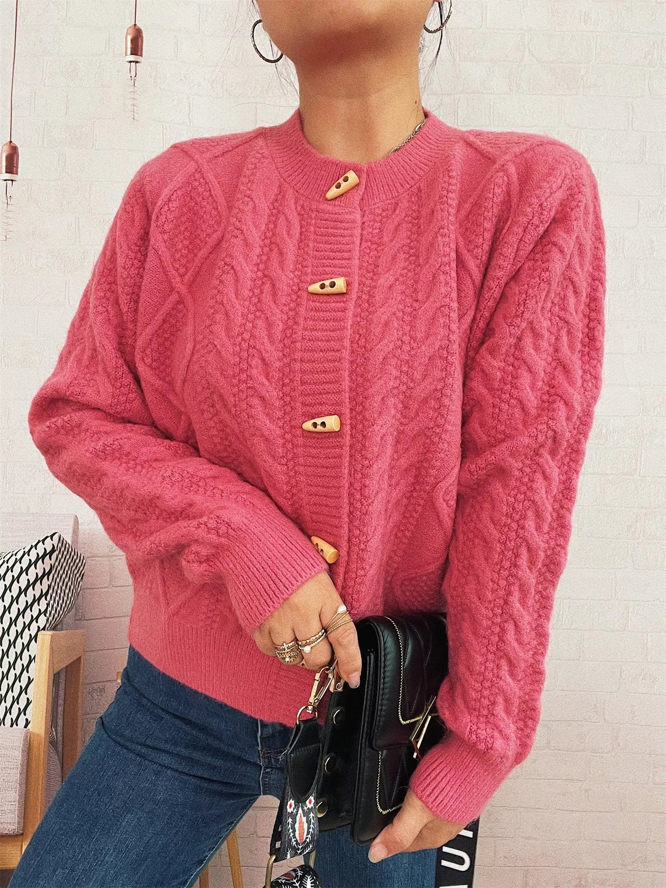 Cable Knit Button-Up Cardigan Easy Apparels