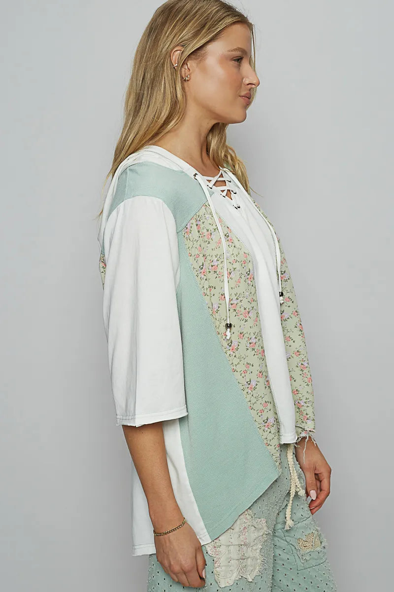 Trendsi POL Lace-Up Hooded T-Shirt with Paisley Panel Detail