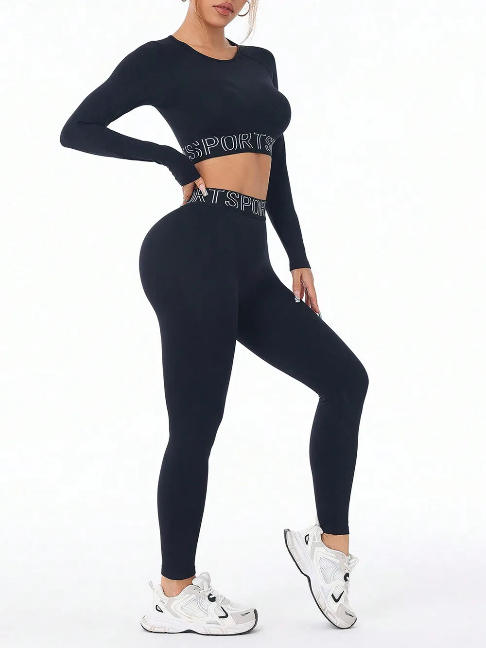 Letter Print Round Neck Long Sleeve Top and Leggings Active Set Easy Apparels