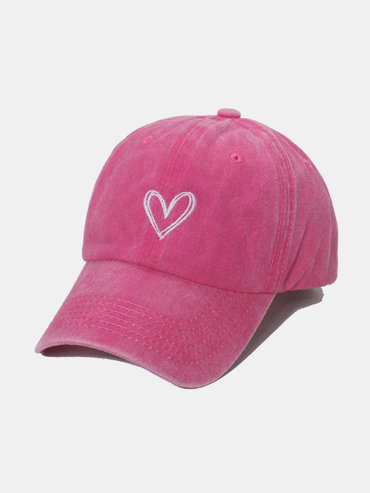 Embroidered Heart Washed Cotton Baseball Cap Hot Pink One Size Easy Apparels