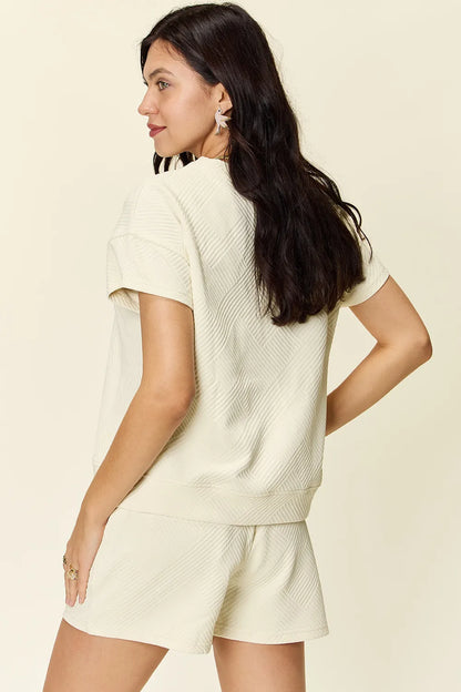 Double Take Full Size Texture Short Sleeve T-Shirt and Drawstring Shorts Set Easy Apparels