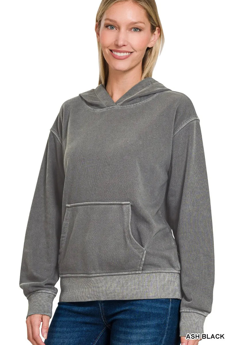 Trendsi Zenana Fleece Pigment Dye Kangaroo Pocket Hoodie ASH BLACK