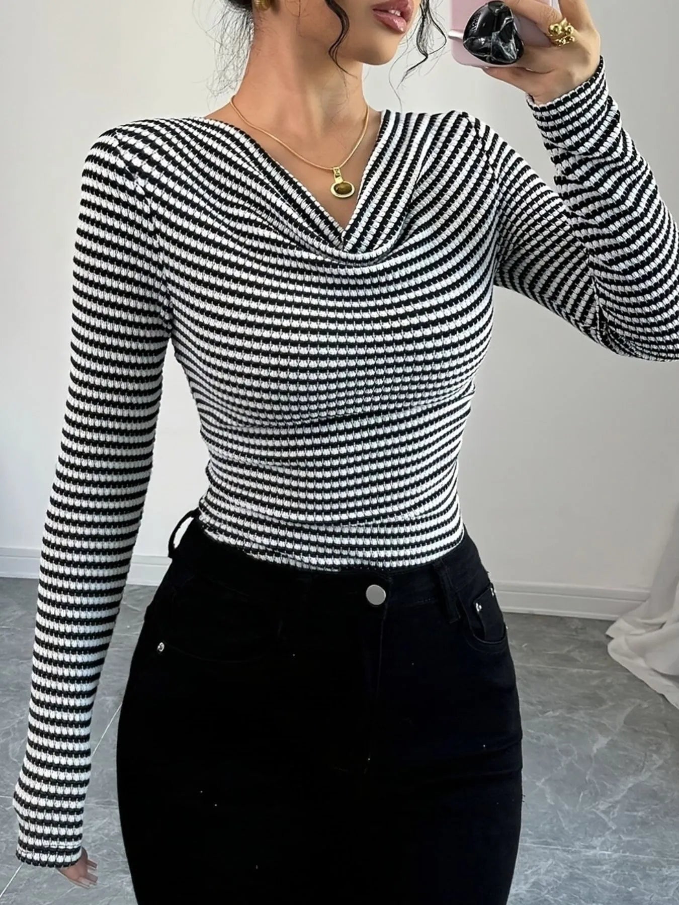 Trendsi Striped Cowl Neck Long Sleeve T-Shirt