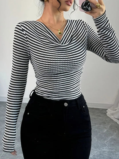 Trendsi Striped Cowl Neck Long Sleeve T-Shirt