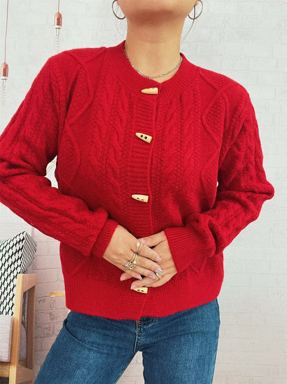 Cable Knit Button-Up Cardigan Red One Size Easy Apparels