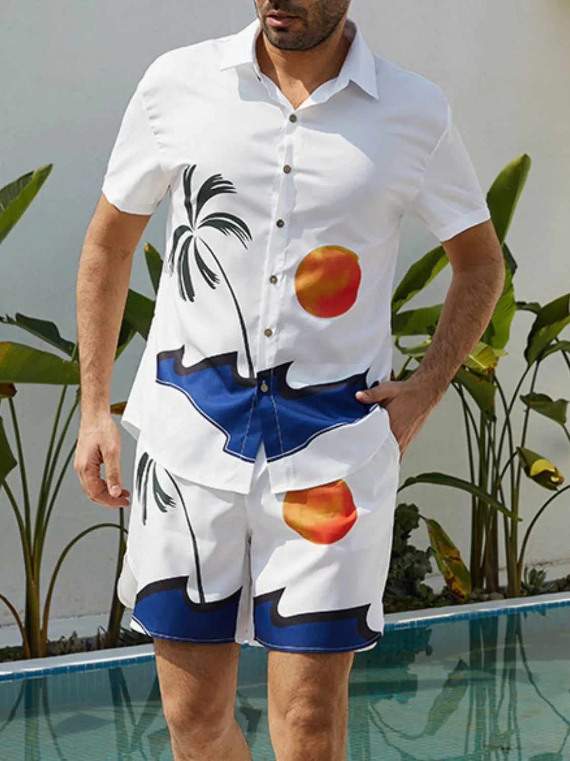 Men's Full Size Button Up Shirt and Shorts Set Plus Size White Easy Apparels