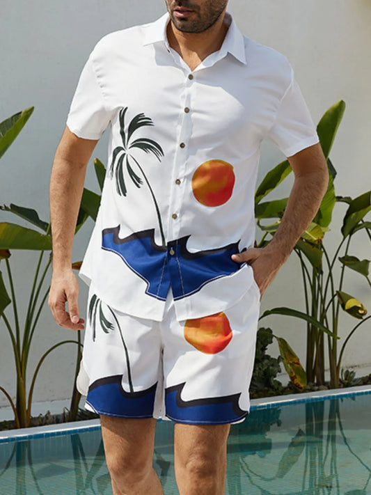 Men's Full Size Button Up Shirt and Shorts Set Plus Size White Easy Apparels