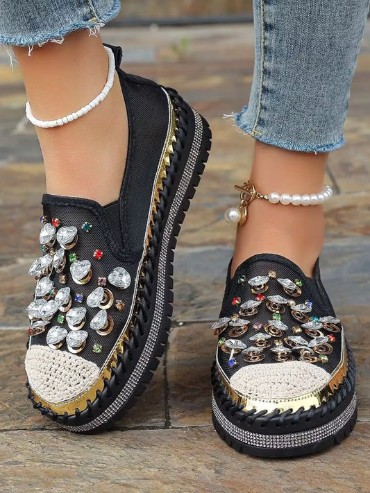 Rhinestone Round Toe Platform Loafers Black Easy Apparels