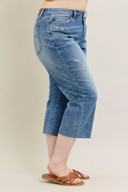 Judy Blue Plus Size High Waist Back Destroy & Raw Cut Hem Crop Wide Easy Apparels