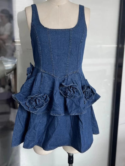 Ruffled Layered Scoop Neck Denim Dress Easy Apparels
