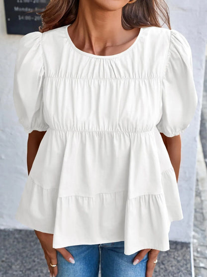 Trendsi Tiered Round Neck Puff Sleeve Ruched Blouse