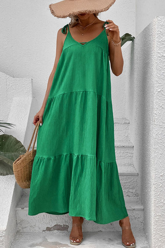 Perfee Tie-Shoulder Tiered Maxi Dress Green Easy Apparels