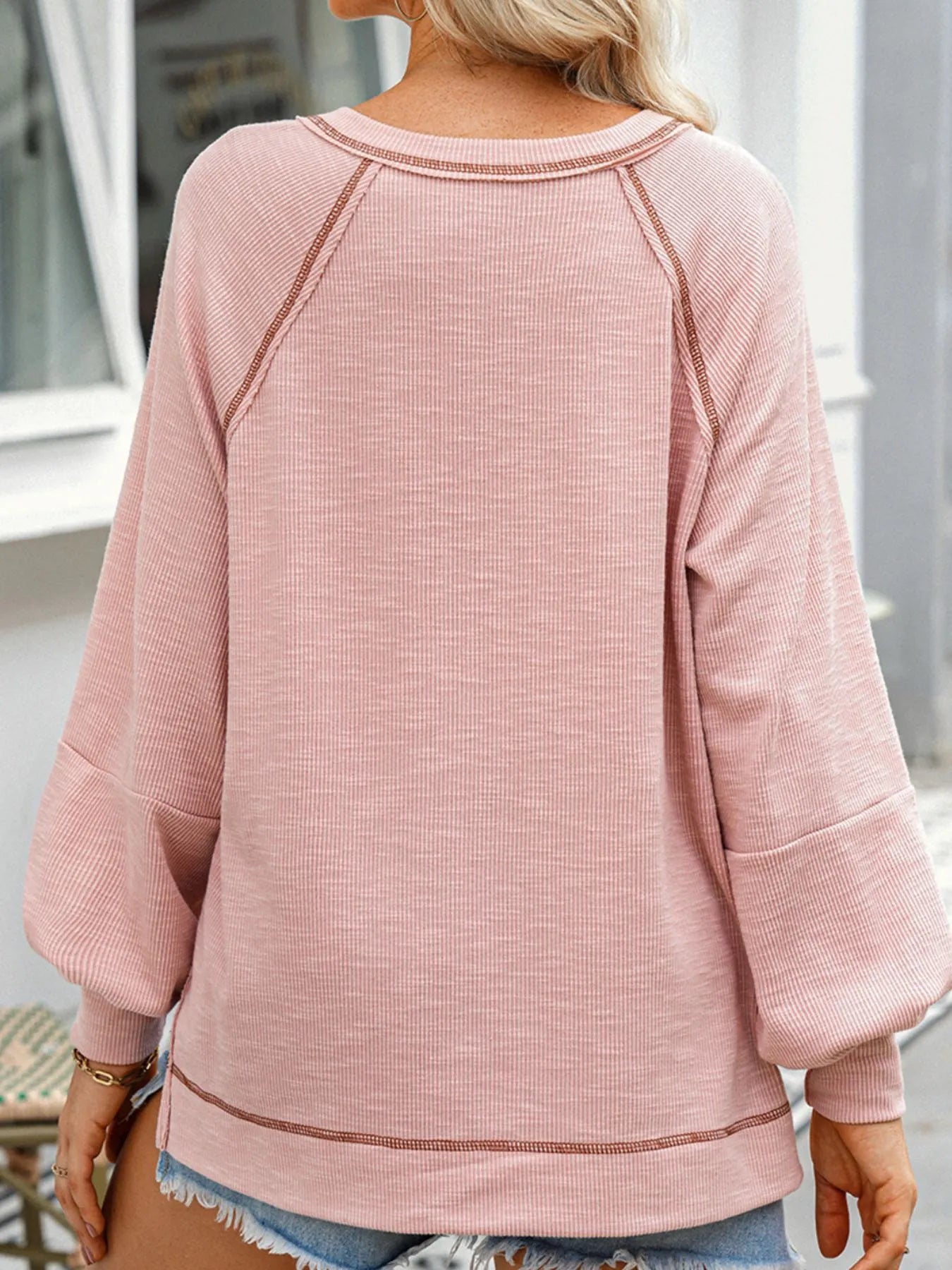 Trendsi Exposed Seam Ribbed Knit V Neck Top