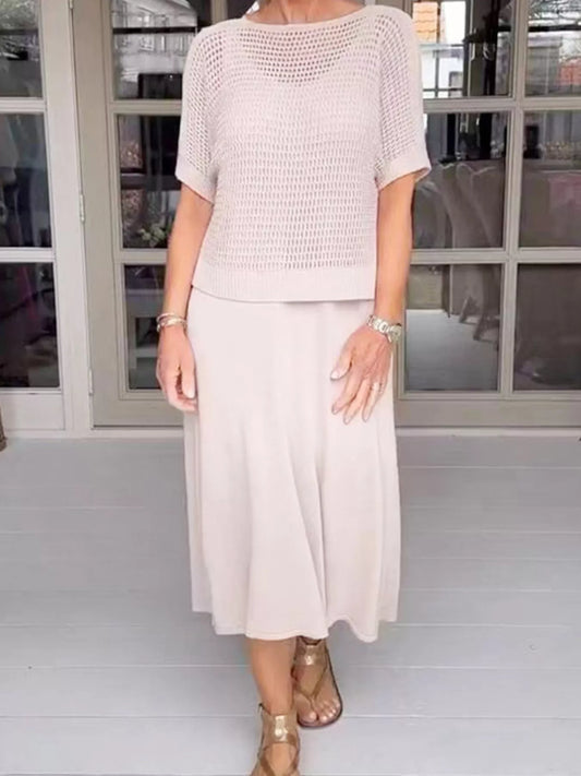 Full Size Openwork Knit Cover Up and Dress Set Plus Size Eggshell Easy Apparels