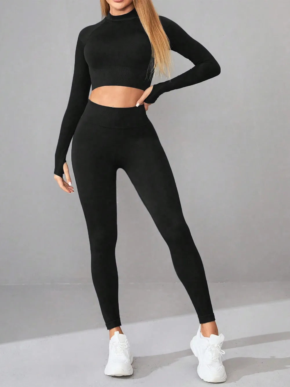Mock Neck Long Sleeve Top and Leggings Active Set Black Easy Apparels