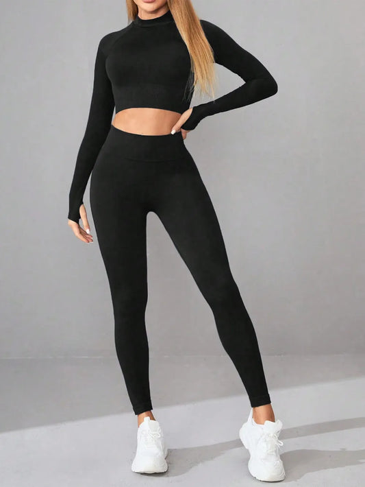 Mock Neck Long Sleeve Top and Leggings Active Set Black Easy Apparels