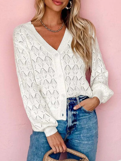 Openwork Button Up Cardigan White Easy Apparels