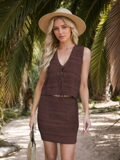 Openwork V-Neck Top and Skirt Knit Cover Up Set Easy Apparels