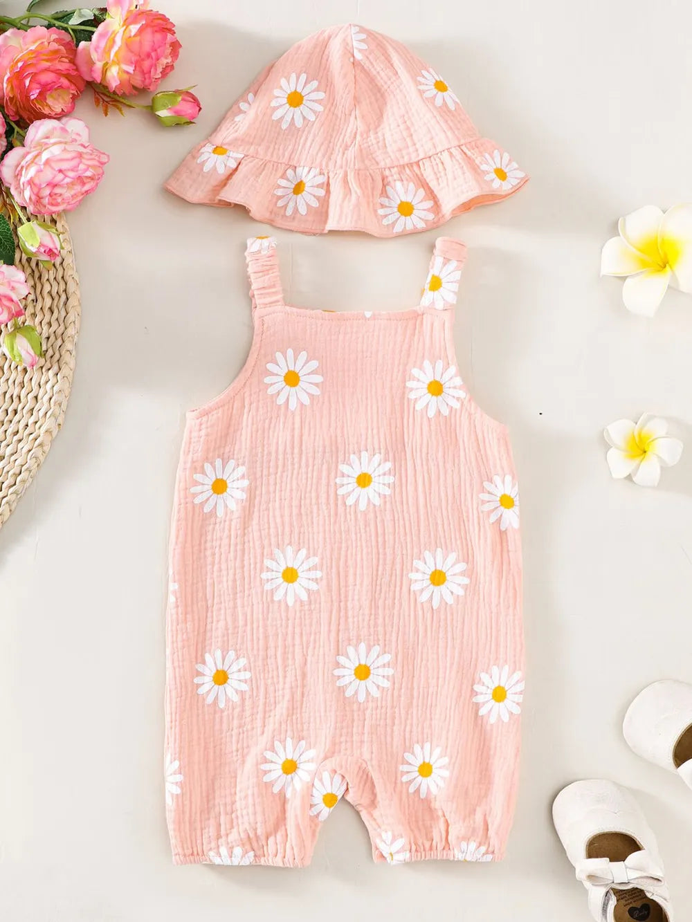 Children's Daisy Textured Wide Strap Romper and Hat Set Easy Apparels