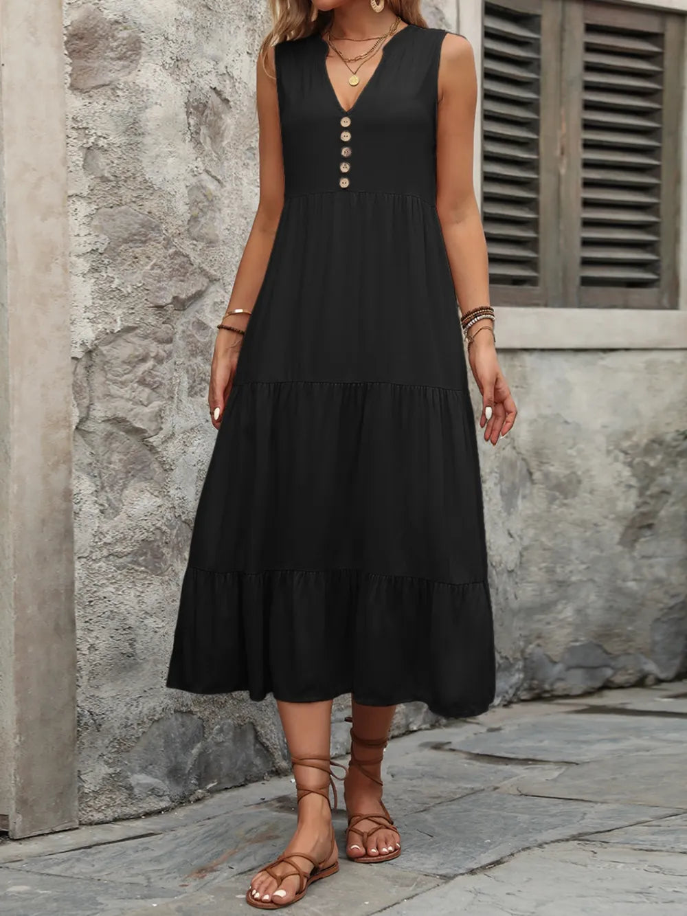 Ivy Lane Decorative Button Notched Sleeveless Dress Black Easy Apparels