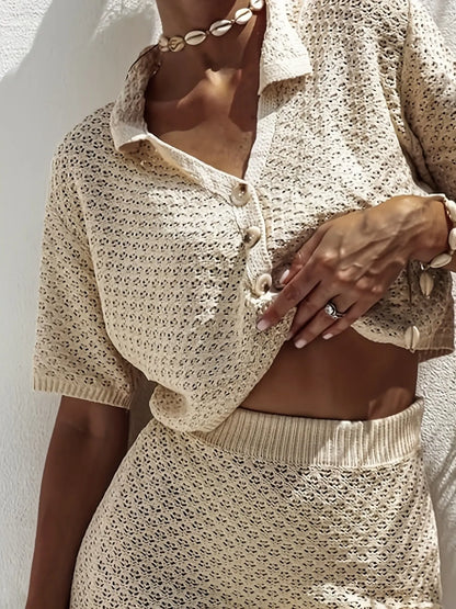 Openwork Button Up Top and Skirt Sweater Set Easy Apparels