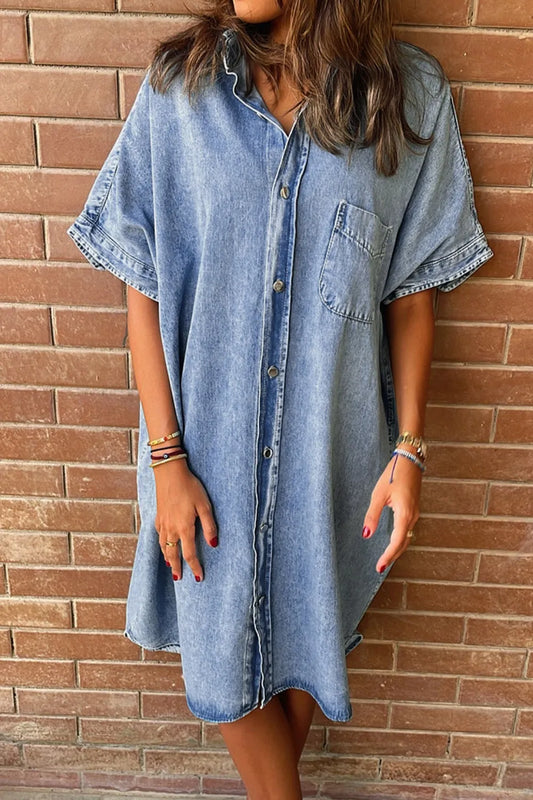 Oversized Button Down Denim Shirt Dress Light Blue Easy Apparels
