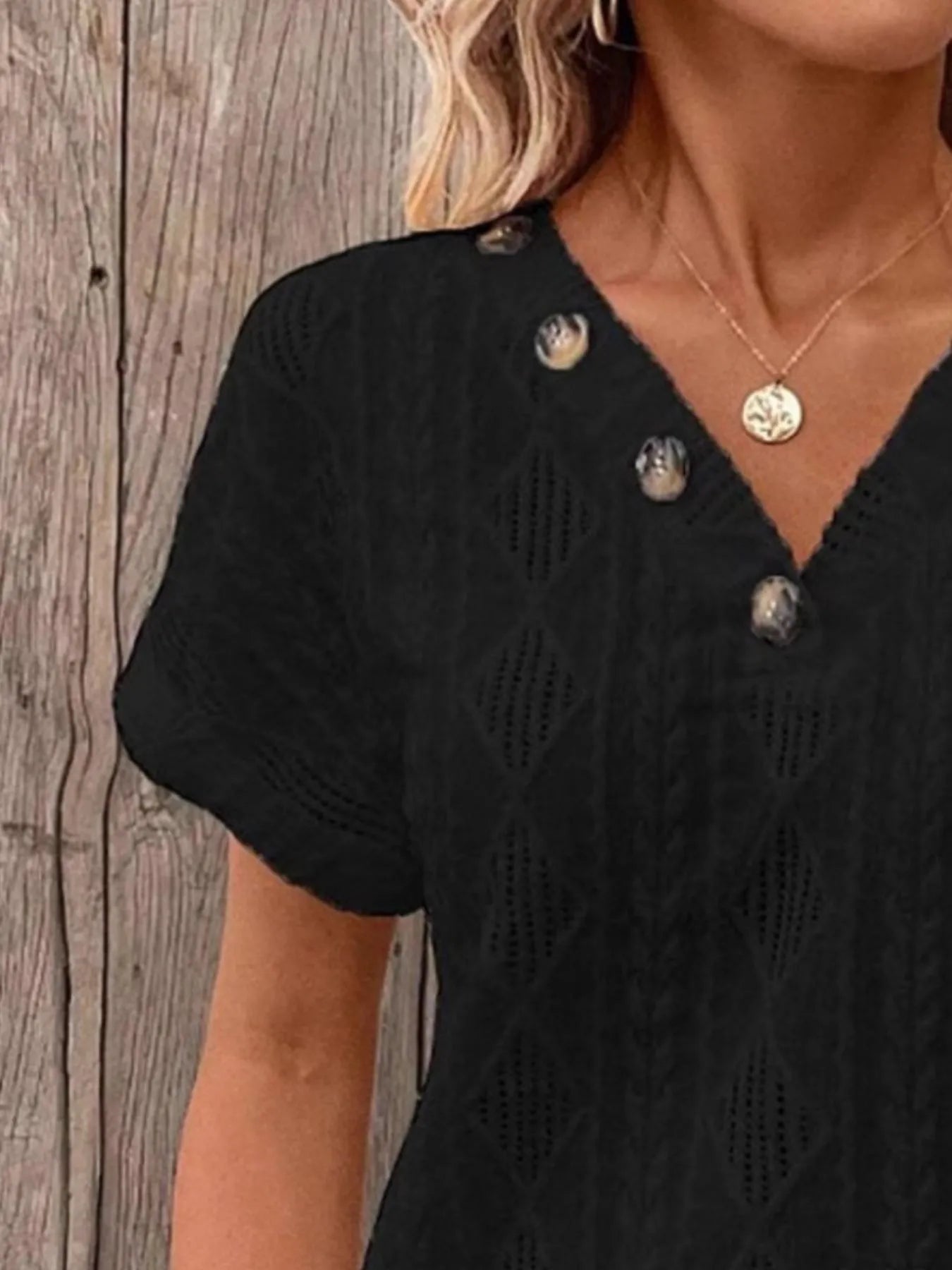 Trendsi Textured V-Neck Short Sleeve Top