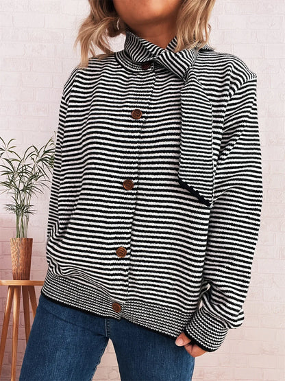 Striped Button Up Long Sleeve Cardigan Easy Apparels
