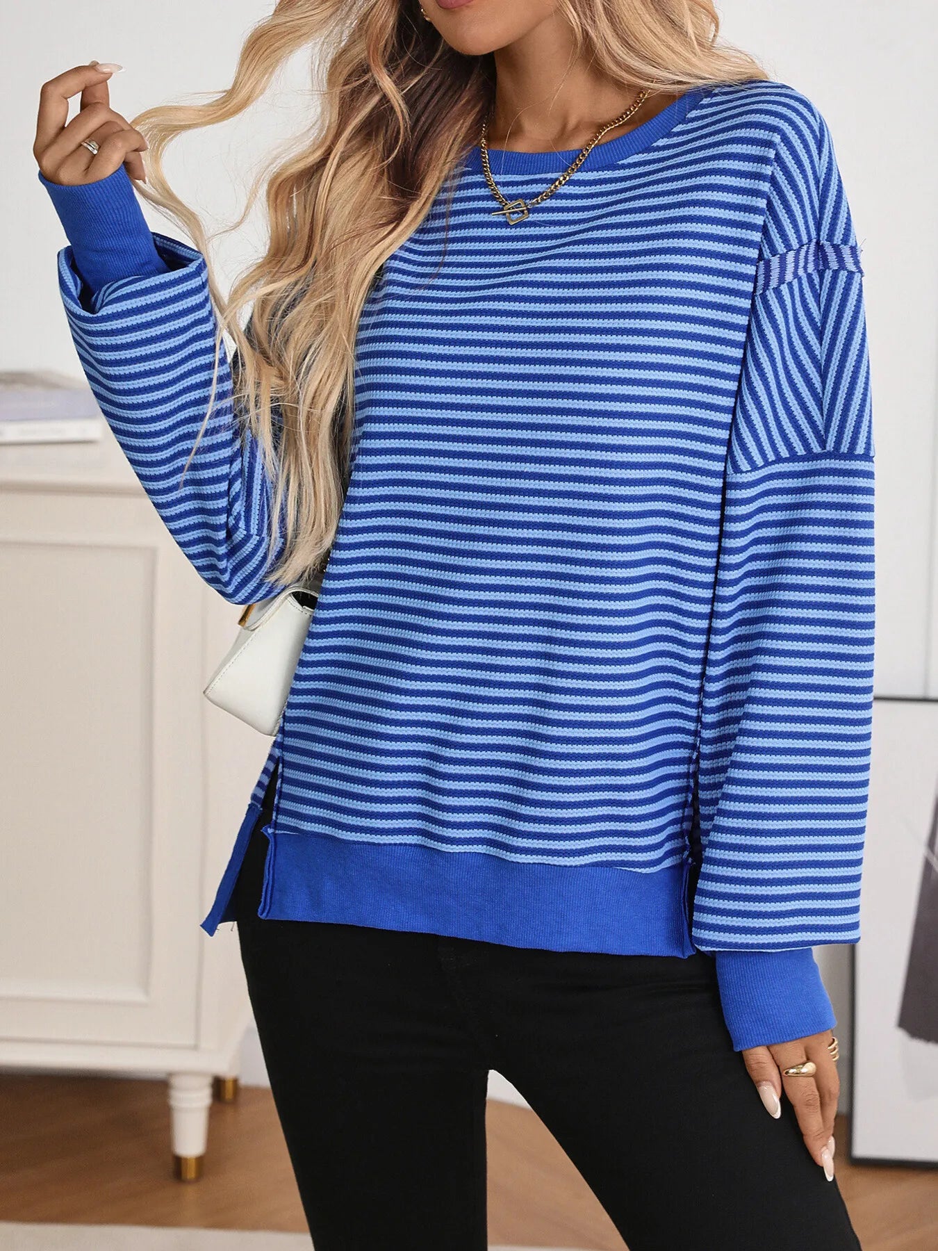 Trendsi Exposed Seam Striped Contrast Sweatshirt
