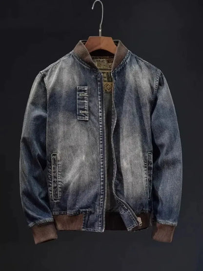 Men's Plus Size Button Up Washed Denim Bomber Jacket Blue Easy Apparels