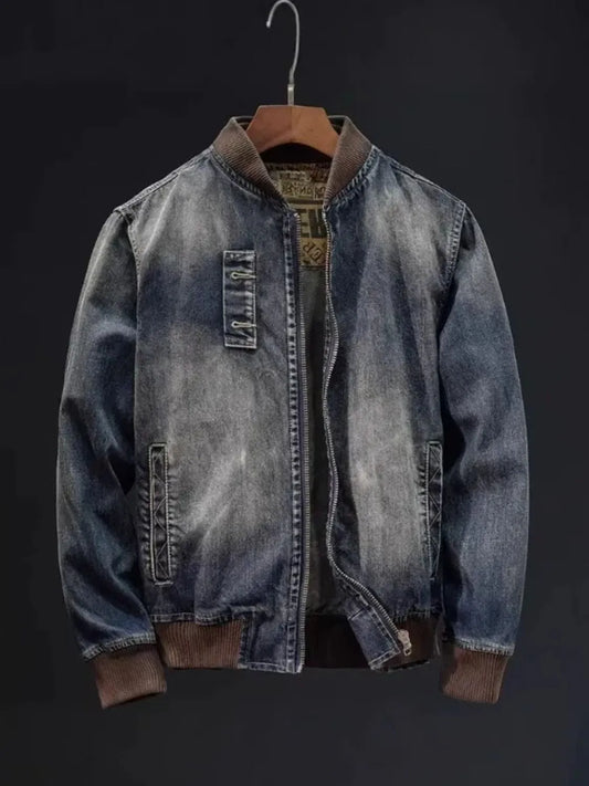 Men's Plus Size Button Up Washed Denim Bomber Jacket Blue Easy Apparels