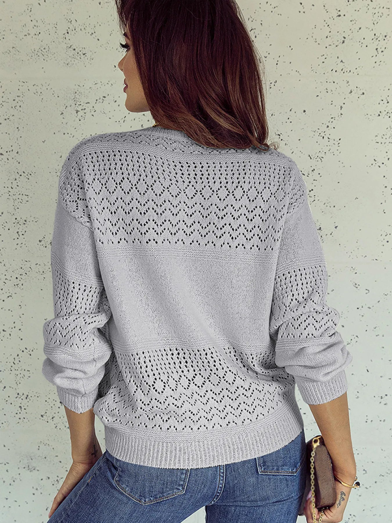 Trendsi Eyelet Deatil V-Neck Long Sleeve Sweater