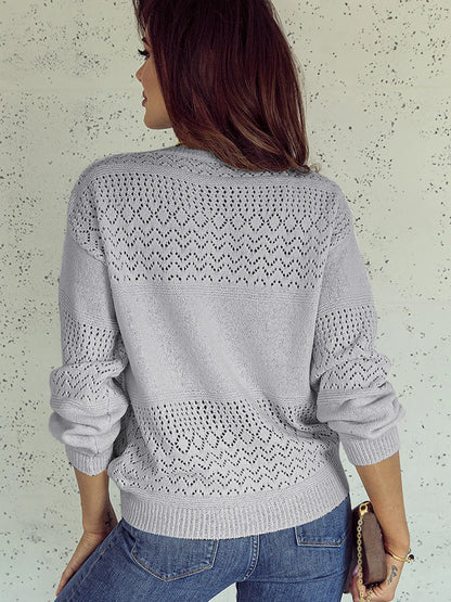 Trendsi Eyelet Deatil V-Neck Long Sleeve Sweater