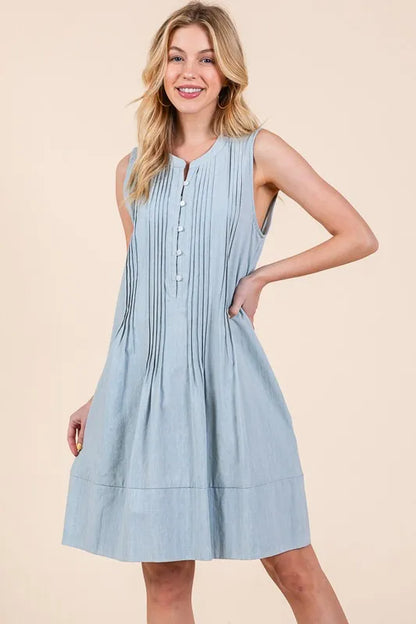 Lime 'N' Chili Denim Pintuck Detail Sleeveless Midi Dress Easy Apparels