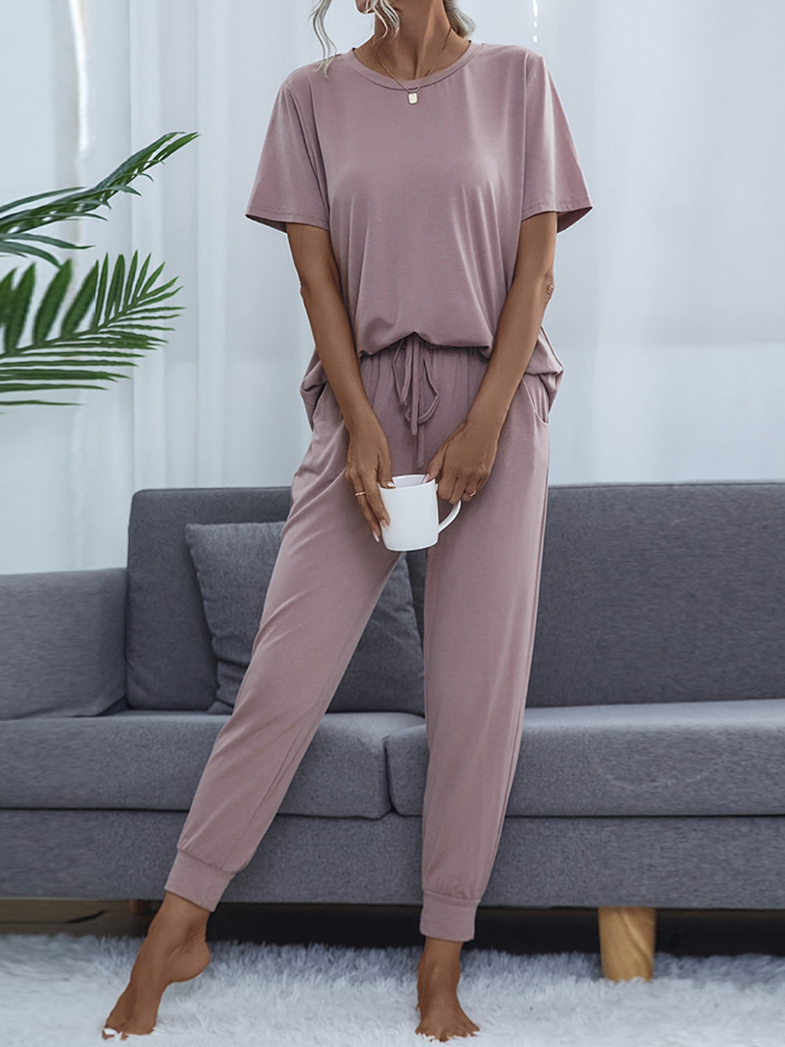 Shiny Round Neck Short Sleeve Top and Pants Set Easy Apparels